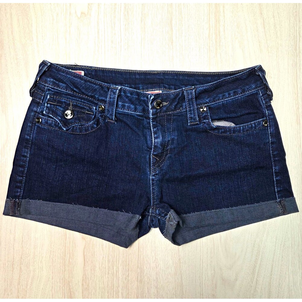 True Religion Becky Dark Wash Cuffed Stretch Low Rise Denim Shorts Blue size 31